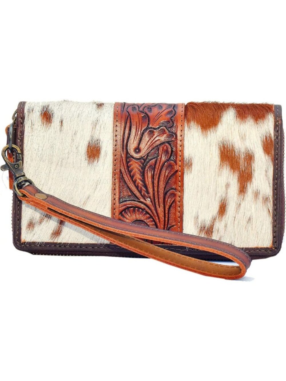 Stylish Cowhide Leather Clutch Wallet for Women with Hand-Tooled Design - Brown